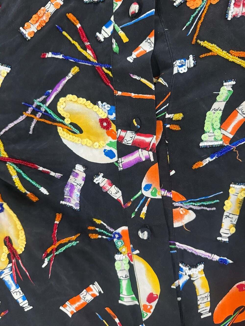 Vintage Exit Shops 100% Silk Beaded Paint Palette Art Print Button Down Shirt S - Picture 6 of 8